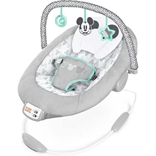 Bright Starts Mickey Mouse Comfy Disney Baby Bouncer in Cloudscapes Includes -Toy Bar with 3 Cute Toys, Plays 7 Soothing Melodies w/Auto Shut-Off, Age 0-6 Months