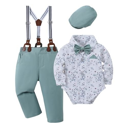 DISAUR Baby Boy Clothes Suits 4PCS Gentleman Outfit Dress Romper Beret Hat Suspender Pants Bow Tie Wedding Set