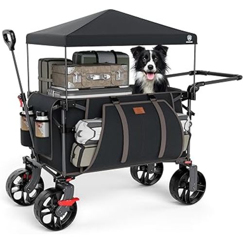 EVER ADVANCED Folding Push Wagon with Canopy, Portable Shopping Cart with Brakes, Collapsible Wagon Cart with All-Terrain Big Wheels for Camping, Beach, Sports
