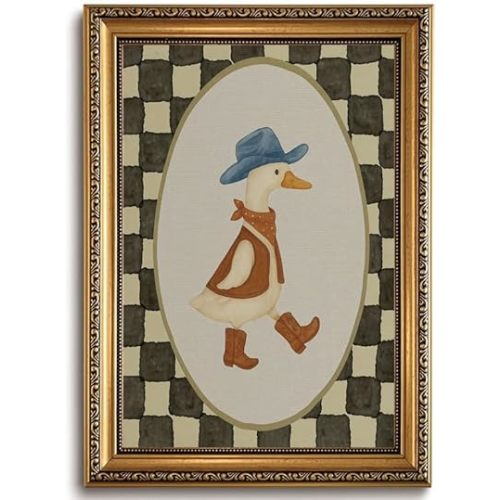 Gold Framed Wall Art Vintage Cowboy Goose Canvas Wall Art Western Nursery Prints Silly Goose Picture Boys Farm Decor for Framhouse Living Room Bedroom, 12x16