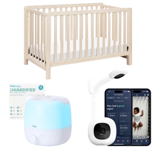 Nursery Essentials Bundle with Convertible Crib, Baby Monitor & Humidifier