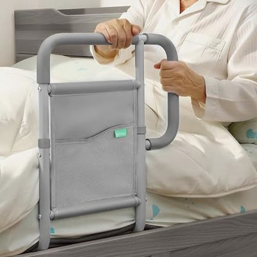 Bed Rails for Elderly Adults, ASTM Approved Bed Assist Rail with Dual Non-Slip Handles for Easily Getting in & Out of Bed, Stable Bed Railings with Storage Pocket, Load 350 LBS, Tool-Free Assembly