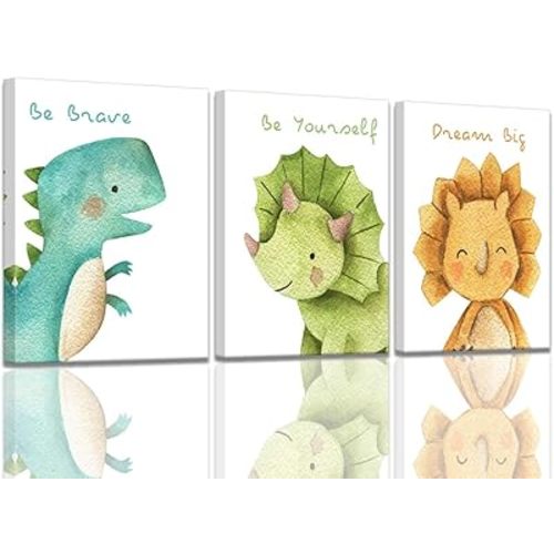 Canvas Wall Art Watercolor Dinosaur Room Decor for Boys Ready to Hang Kids Room Educational Gift Wall Decorations Framed Wall Art Gallery Wrapped 3 Pieces Canvas Art Print Set Stretched 12x16inchx3