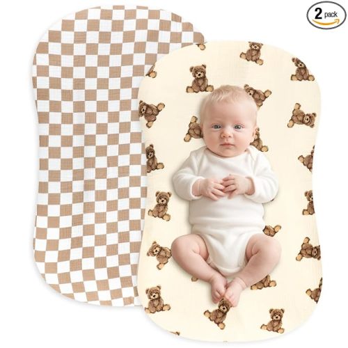 Hooyax Muslin Baby Lounger Cover 2 Pack - 100% Breathable Cotton Soft Infant Lounger Covers, Fits Most Standard Newborn Loungers & Pillows (Coffee Checker+Bear)