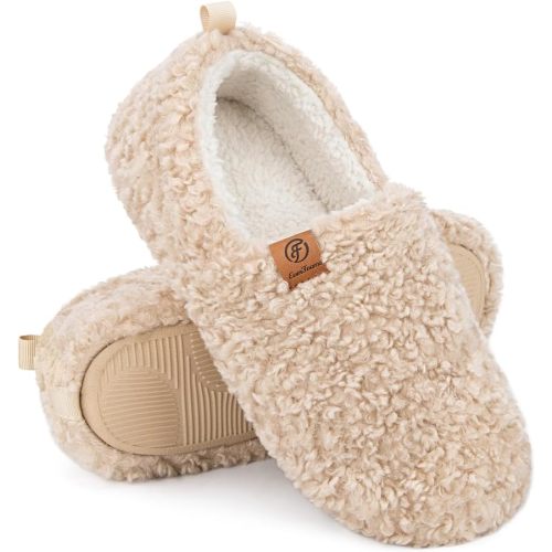 EverFoams Women’s Soft Curly Full Slippers Memory Foam Lightweight House Shoes Cozy Loafer with Polar Fleece Lining Khaki,9-10 US