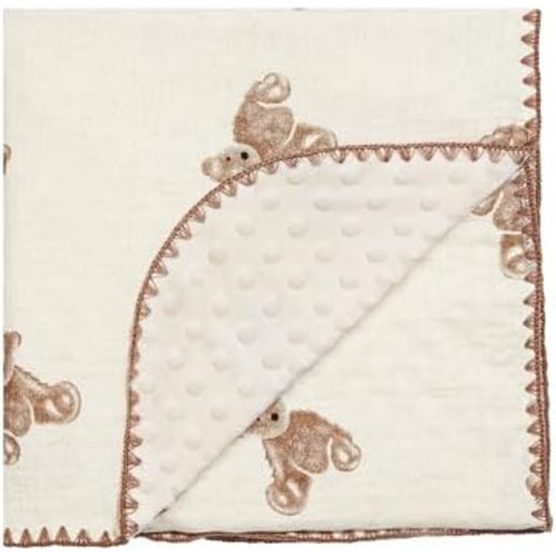 Baby Blanket 40x40 Inches,Muslin Cotton and Minky Dotted Double Layer Soft Receiving Blanket for Newborn Toddler,Brown Bear
