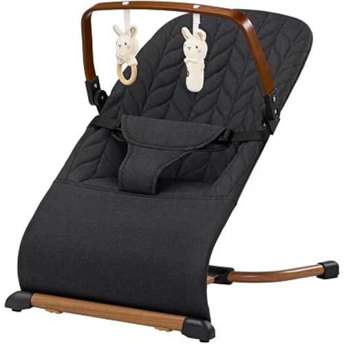 Portable Baby Bouncer, Bouncer Seat for Babies 0-12 Months, 3 Recline Positions, Foldable Baby Rocker Chair with Removable Wooden Bar, Black
