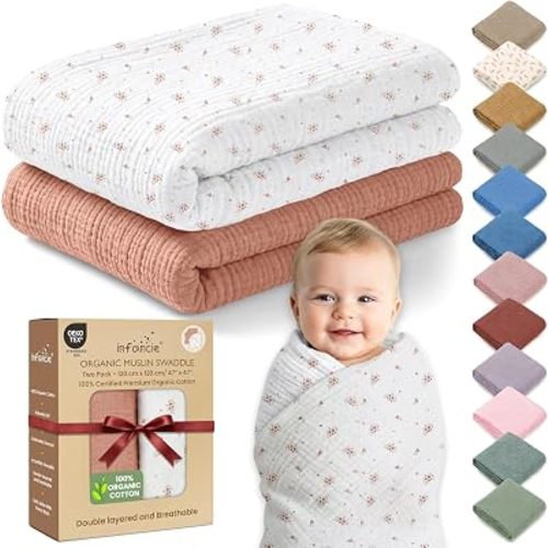 100% Organic Cotton 2 PK Muslin Swaddle Blanket Boy Gift 120x120
