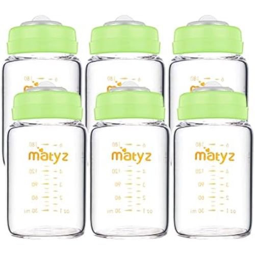 Matyz Glass Breastmilk Storage Bottles, 6 Pack, 6 oz, Compatible with Spectra Medela Breast Pump - Store, Freeze, Warm Up Milk Well - Wide Mouth Breastmilk Storage Containers - No BPA (Green Lids)