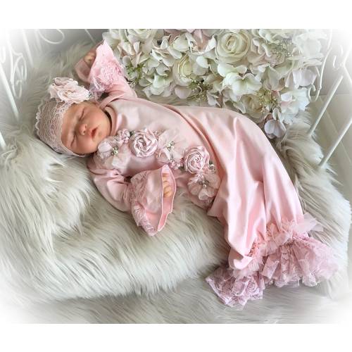 Newborn Girl Take Home Outfit, New Baby Gift, Pink Lace Bring Home Gown