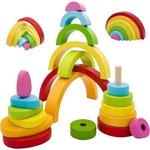 MEGRANATE Montessori Wooden Rainbow Stacking Toys for Baby Grimms Wood Building Blocks Nesting Puzzle Toy Colorful Stacker Arch Game Sensory Educational Learning Toys for 3+ Year Old Toddler