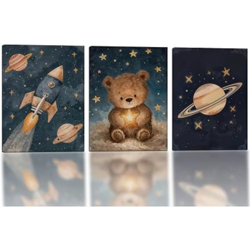 Space Nursery Wall Art Set of 3, Teddy Bear Rocket Canvas Prints, 12x16