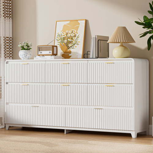 Pikvki Fluted 8 Drawers Dresser for Bedroom, 55.1" Wide Modern Chest of Drawers with Metal Handle, TV Stand for Living Room, White