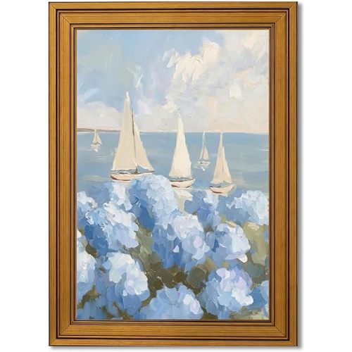 Gold Framed Vintage Coastal Hydrangea Canvas Wall Art Coastal Sailboat Painting Picture Wall Decor Seaside Summer Poster Print Artwork for Bedroom Living Room Bathroom Home Decoration 9x11in