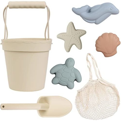 BLUE GINKGO Silicone Beach Toys - Modern Baby Beach Toys | Travel Friendly Beach Set | Silicone Bucket, Shovel, 4 Sand Molds, Beach Bag | Silicone Sand Toys for Toddlers, Kids - Beige