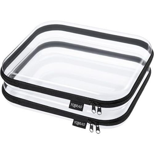 YQBRAO Hard Sided Clear Zipper Case for Storage- Professional-Grade Plastic Clear Zipper Pencil Case,Toy Storage Bins, Toiletry Pouch, Travel Organizer, Cosmetic Bag（Black,2 Pack, L）