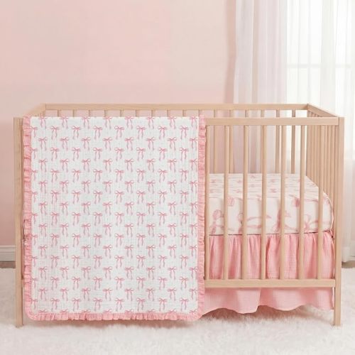 Pink Bow Girl Crib Bedding Set of 3, Baby Nursery Sheet Quilt Bed Skirt, Coquette 100% Cotton Muslin Fitted Bed Sets for Newborn Nursery, Standard 52'' x 28''