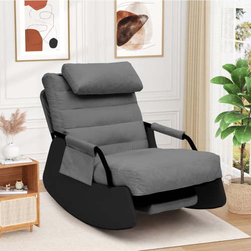 Betisef Nursery Rocking Chairs with Soft Seat and Headrest,Corduroy Fabric Accent Chair with Side Pocket,Glider Rocking Chair for Bedroom/Living Room/Nursery(Dark Grey/Black)