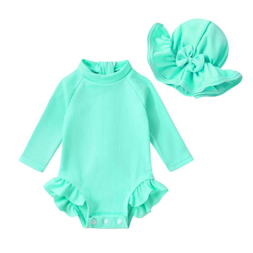 Happy Town Infant Girls Swimsuit 0-24M Long Sleeve One-Piece Rash Guard Swimsuit with Hat,UPF 50+