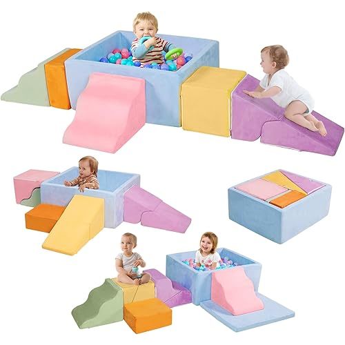 Foam Climbing Toys for Toddlers with Large Ball Pit, 7-Piece Foam Climbing Blocks, Soft Play Climb and Crawl Activity Playset, Toddler Play Crawling Climbing Sliding Indoor(Excluding Balls)