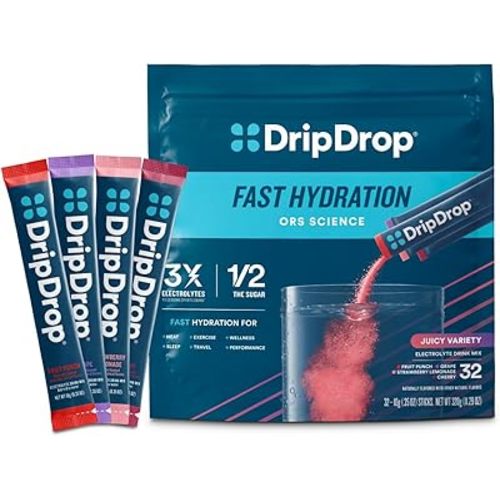 DripDrop Hydration Packets - Juicy Variety Pack - Single Serve Electrolytes Powder Drink Mix - Grape, Fruit Punch, Strawberry Lemonade, Cherry - Non-GMO, Gluten Free, Vegan - 32 Sticks