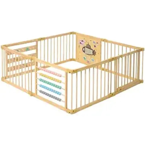 ZETY Wooden Playpen Extra Large for Toddlers and Babies - Under The Sea Theme Toy Design - (8/10) Wood Panels - Foldable and Adjustable Baby Pen - Extra Large Baby Pen (8-Panels)