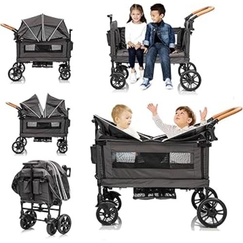 Wagon Stroller for 2 Kids & Cargo-Push-Pull Double Baby Wagon Lightweight Travel Folding Stroller for Toddler with 5-Point Harness,Adjustable Handle Bar and Canopy,Tray Table,Cup Holder