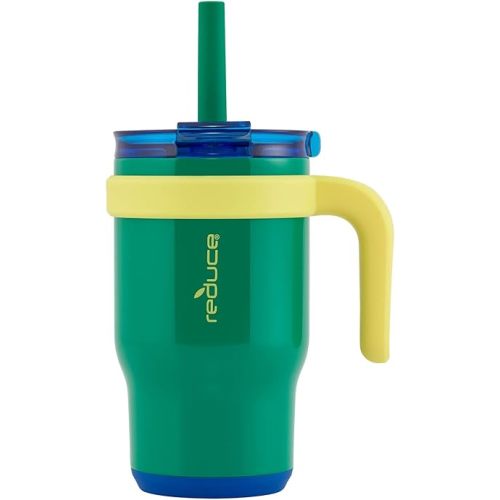 REDUCE 14 Oz Coldee Kids Tumbler with Lid and Straw - Coldee Insulated Travel Mug - Spill-Proof, Sweatproof Stainless Steel, BPA-Free - Includes Handle, Reusable Silicone Straw - Camp Green