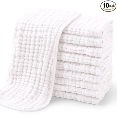 Yoofoss Muslin Burp Cloths for Baby 10 Pack 100% Organic Cotton Baby Washcloths for Boys Girls Large 20''X10'' Super Soft and Absorbent White