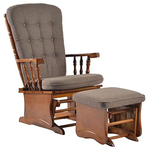 Anti-Pinch Nursery Glider Rocking Chair with Ottoman, Solid Rubber Wood Frame, Silent Smooth Gliding Design, Vintage Carved Armrest for Nursing, Living Room, Bedroom, Oak