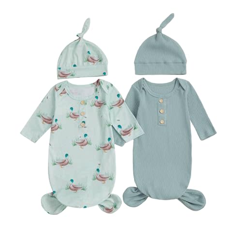 Merqwadd Baby Sleeper Gown Boy Girl 2-Pack Knotted Gown Newborn Nightgown with Hat Set Infant Sleepwear Pajamas