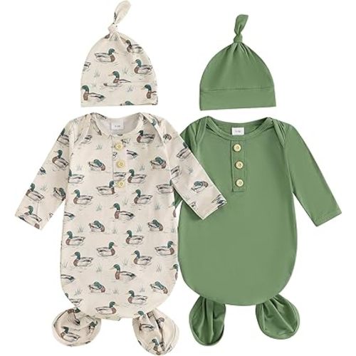 woshilaocai 2 Pack Baby Boy Girl Gown Sleeper Newborn Knotted Nightgown and Hat Set Infant Sleepwear