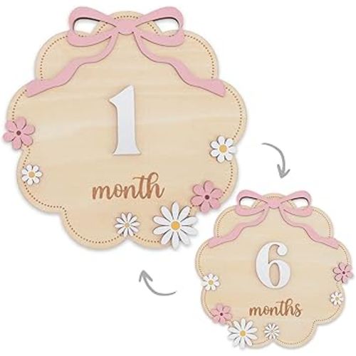 Wooden Baby Monthly Milestone Sign Set with Pink Bow, 1–12 Month Cloud Shape Photo Prop, Floral Baby Girl Growth Tracker Nursery Decor (Light Pink)