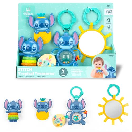 Bright Starts Disney Baby Stitch Tropical Treasures Gift Set with 4 Stitch Inspired Toys Including Baby-Safe Mirror and Teether, Newborns & Up
