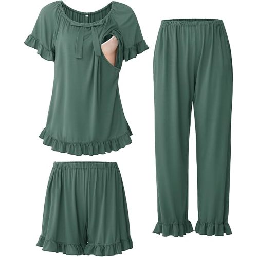 SUNNYBUY 3Pcs Ruffle Trim Postpartum Nursing Pajamas Set with Bowknot, Maternity Breastfeeding PJS Pregnancy Sleepwear