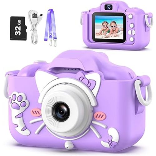 Goopow Kids Camera Toys for 3-8 Year Old Girls Boys,Children Digital Video Camcorder Camera with Cartoon Soft Cover, Best Chritmas Birthday Festival Gift for Kids - 32G SD Card Included