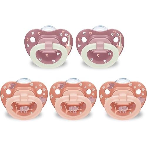 NUK First Choice Classic Orthodontic Baby Pacifier, 0-6 Months Newborn Pacifier, Orange & Pink, Newborn Essentials, 5-Pack