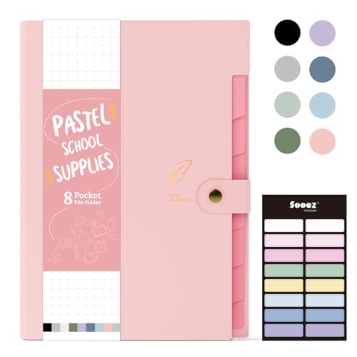 Sooez 8 Pocket Accordion File Organizer, Pastels Expanding File Folder | Aesthetic Folder for Document with Labels, Portable Receipt Bill Paper Organizer for Office School Supplies, Letter Size Pink