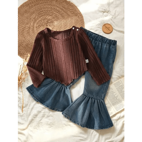 SHEIN Vintaside Kids Baby Girl Fashion Streetwear Rib Knit Asymmetrical Hem Top And Flare Denim Pants 2 Pieces Outfit, Suitable For Outdoor Photoshoot | SHEIN USA