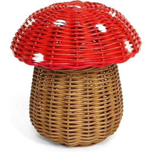G6 COLLECTION Rattan Mushroom Basket – Handwoven Wicker Storage Bin with Lid, Cute Decorative Boho Home Organizer Gift (Medium – 10" Tall)