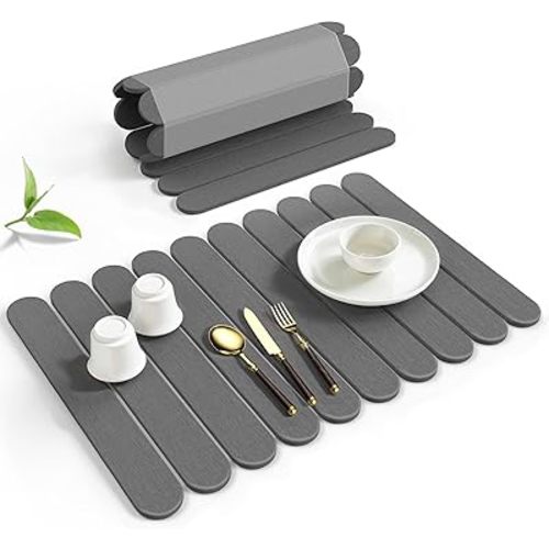 Large Stone Dish Drying Mat for Kitchen Counter, Quick Dry Diatomaceous Earth Stone Mat, Roll-Up Dish Mat for Dishes Bottles Cups, Super Absorbent & Non-Slip, 24"×16",Grey