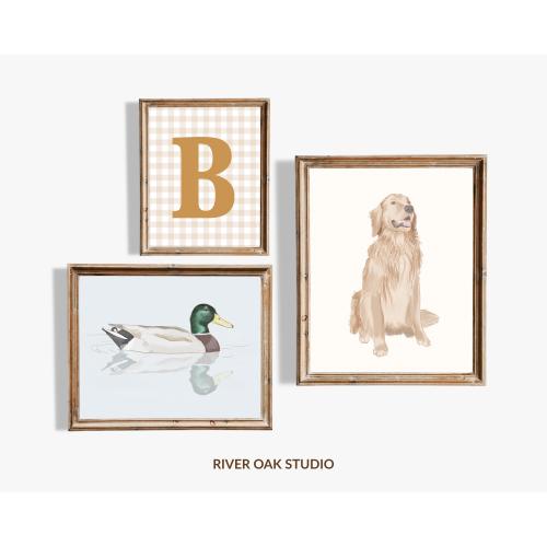 Duck and Dog Nursery Prints: Gingham Initial Sign, Golden Retriever, Mallard Duck (Digital Download)
