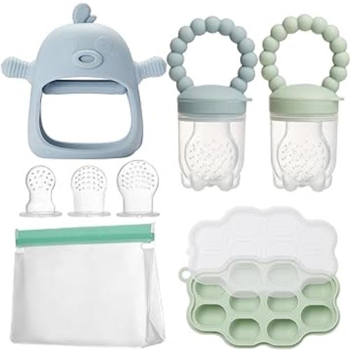 Baby Feeding & Teething Kit, Includes Breastmilk Popsicle Molds, 2 Baby Fruit Food Feeders Pacifiers, 3 Extra Food Pouches, Silicone Teething Toys & Storage Bag for Infant Newborn, BPA Free