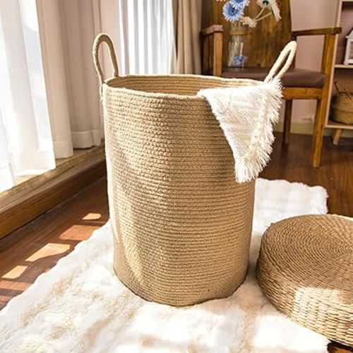 Woven jute Rope Laundry Hamper Basket,58L Versatile Storage for Dirty Clothes,Blankets in Bathroom,Nursery,Living Room,and Bedroom,Large-Jute