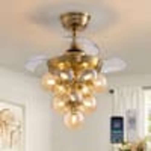 FANNEHONNE 24 in. 9-Light Brass Modern Ceiling Fan with Light Kit and Remote Control Indoor Glass Bubbles Ceiling Fan Fandelier SF0001