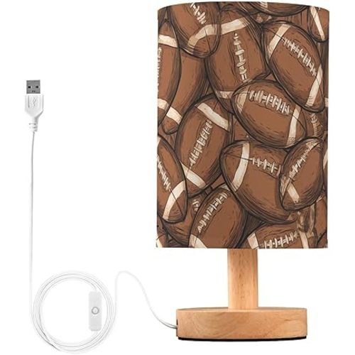 Retro Brown American Footballs LED Bedside Table Lamp with USB Port, Warm Night Light for Bedroom, Modern Nightstand Lamp for Reading, Study & Home Office