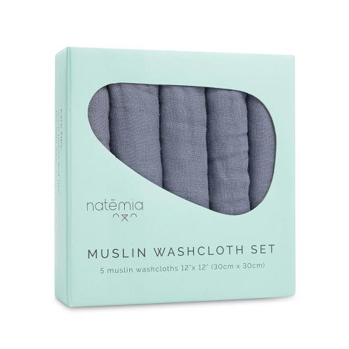 Natemia Muslin Baby Washcloths for Newborn - Premium Wash Cloths for Babies, Super Absorbent and Ultra Soft Rayon Made from Bamboo, 6 Layer Baby Girl and Baby Boy Washcloths, 5 Piece Set