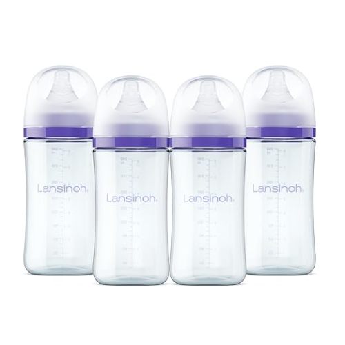 (8oz) Lansinoh Anti-Colic Glass Baby Bottles, Medium (M) Flow Nipples (4-pack) - 8oz