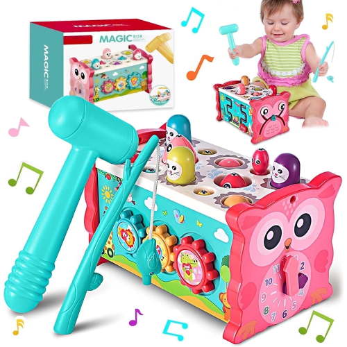 Suorfoxs Baby Toys for 12-24 Months, Wooden Educational Toys, Hammering Bench, Xylophone, Maze