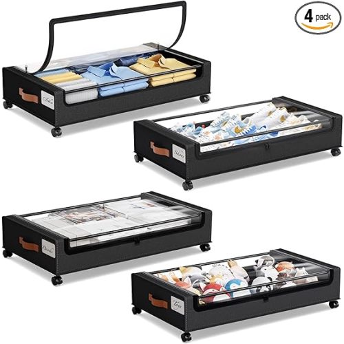 Yecaye 4 Pack Under Bed Storage with Wheels, Under Bed Storage Containers with Lids, Large Under Bed Rolling Storage with Clear Window & Label, Rolling Drawers for Clothes, Blankets, Books